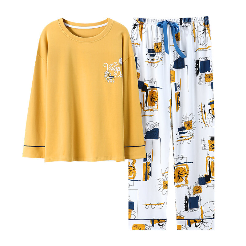 Осень 100% хлопок Женский пижамный комплект Длинные Топ + длинные брюки Пижама женская Милая повседневная домашняя одежда
