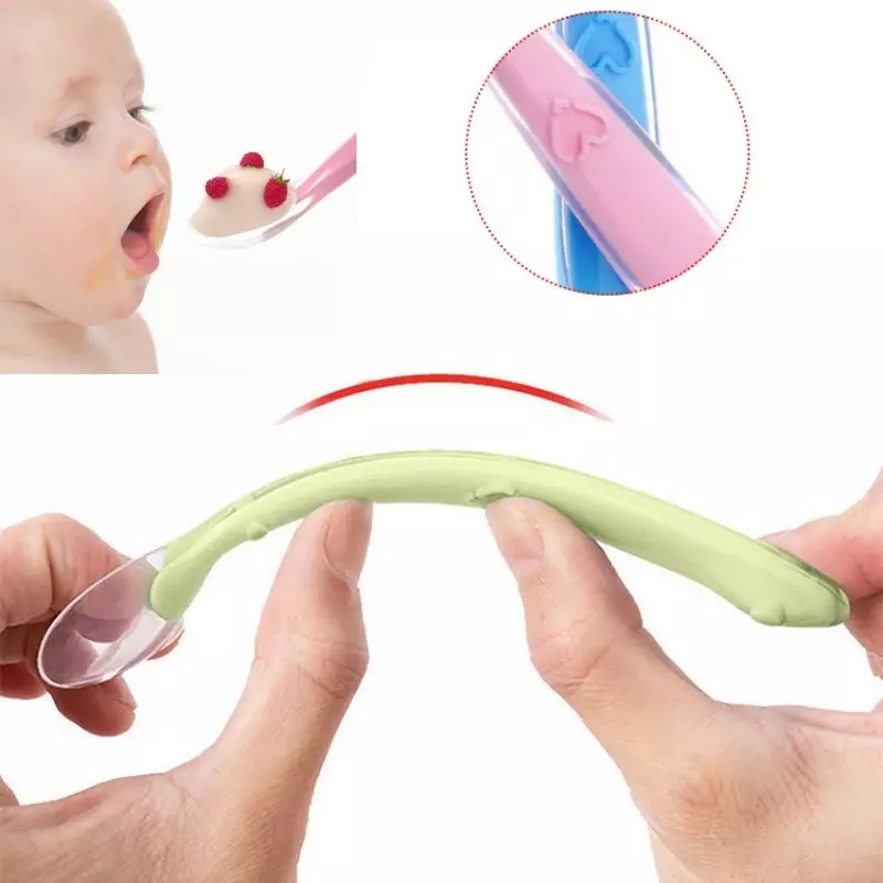Sendok silikon lembut bayi dengan kotak penyimpanan warna permen sendok pengindera suhu peralatan makan makanan anak piring pemberi makan