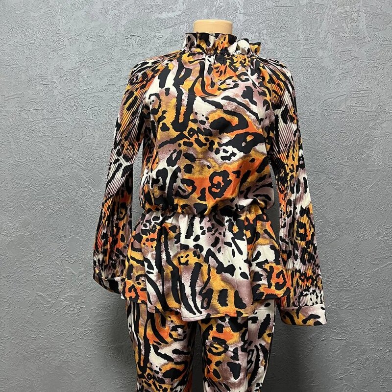 African Clothes for Women 2 Piece Spring African Long Sleeve Leopard Print Top Long Pant Matching Sets Dashiki Africa Clothing