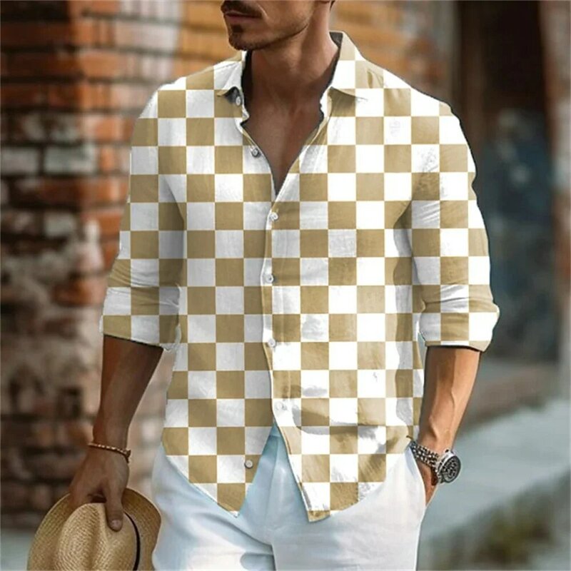 2023 New Square Plaid Hawaiian Gentleman Style Hot Selling Casual Outdoor Party Soft and Comfortable Men's Top Plus Size S-6XL