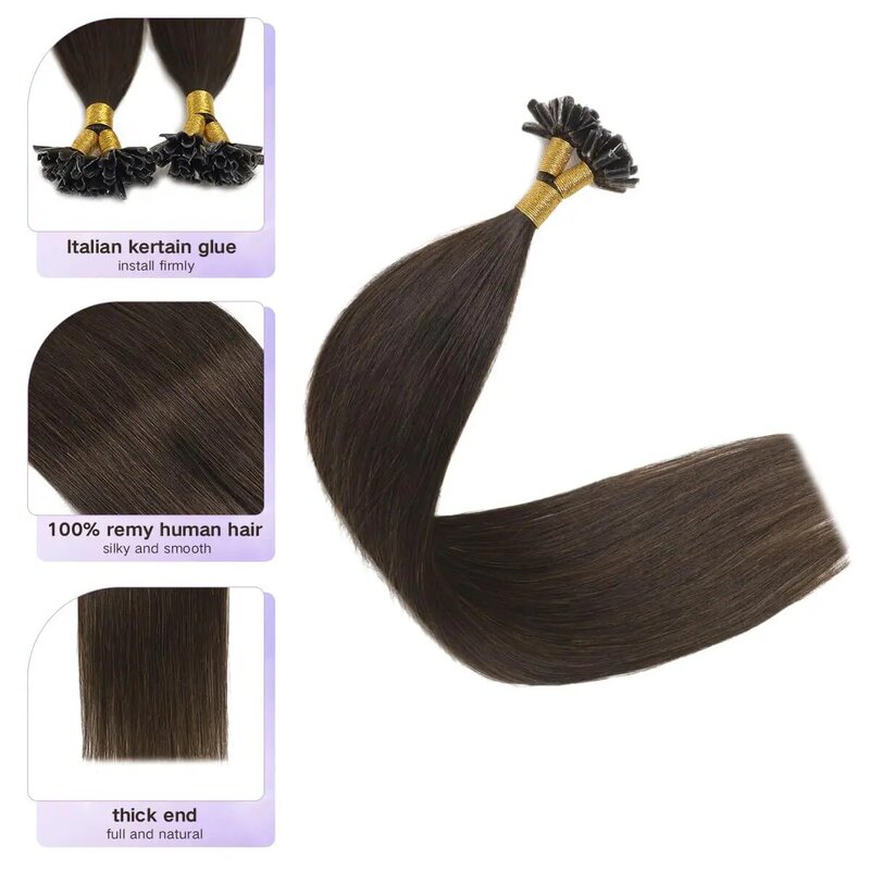 Extensiones de cabello liso con punta en U, cabello humano marrón oscuro, Remy, paquete de 100 hebras, n. ° 2