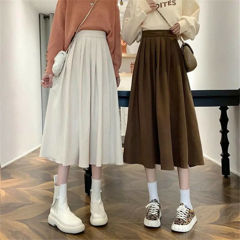 Y2k Vintage Falten röcke braun hoch taillierte Frauen koreanische Mode College-Stil langen Rock Herbst Harjuku lässige A-Linie Röcke