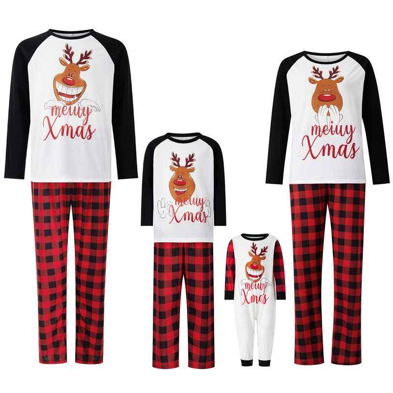 Conjunto de pijamas de Navidad para la familia, Tops de manga larga con estampado de dibujos animados y pantalones a cuadros, ropa de dormir para el hogar para adultos/niños/bebés