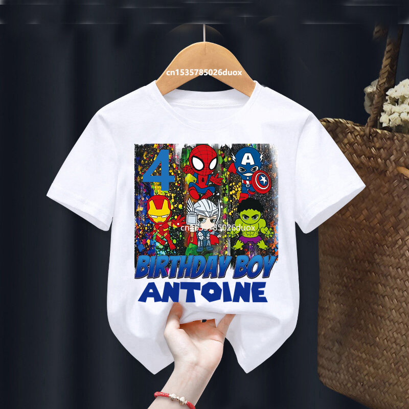 Футболка с коротким рукавом для девочек, рубашка с принтом супергероя Marvel для дня рождения, 3, 4, 5, 6, 7, 8, 9, футболка для мальчиков на день рождения с персонализированным именем Мстителей