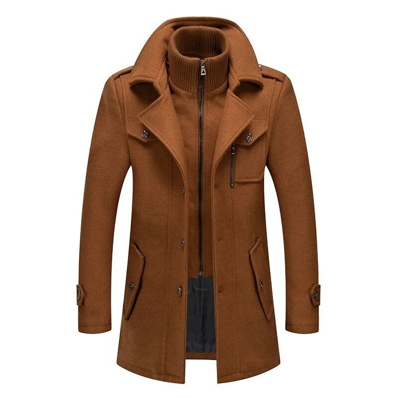 Jaket panjang tebal untuk pria, jaket Wool mantel panjang musim gugur musim dingin, jaket Wool ritsleting leher ganda, mantel Wool untuk pria