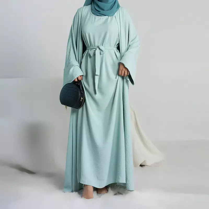 아바야 슬립 민소매 히잡 드레스 매칭 무슬림 세트, 일반 오픈 아바야 여성, 두바이 터키 아프리카 이슬람 의류, 2 피스