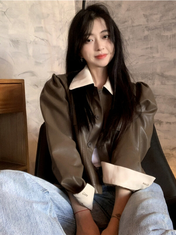 Куртка укороченная кожаная женская, Модная приталенная мотоциклетная куртка с карманами, Повседневная винтажная верхняя одежда в Корейском стиле, черная шикарная верхняя одежда, зима