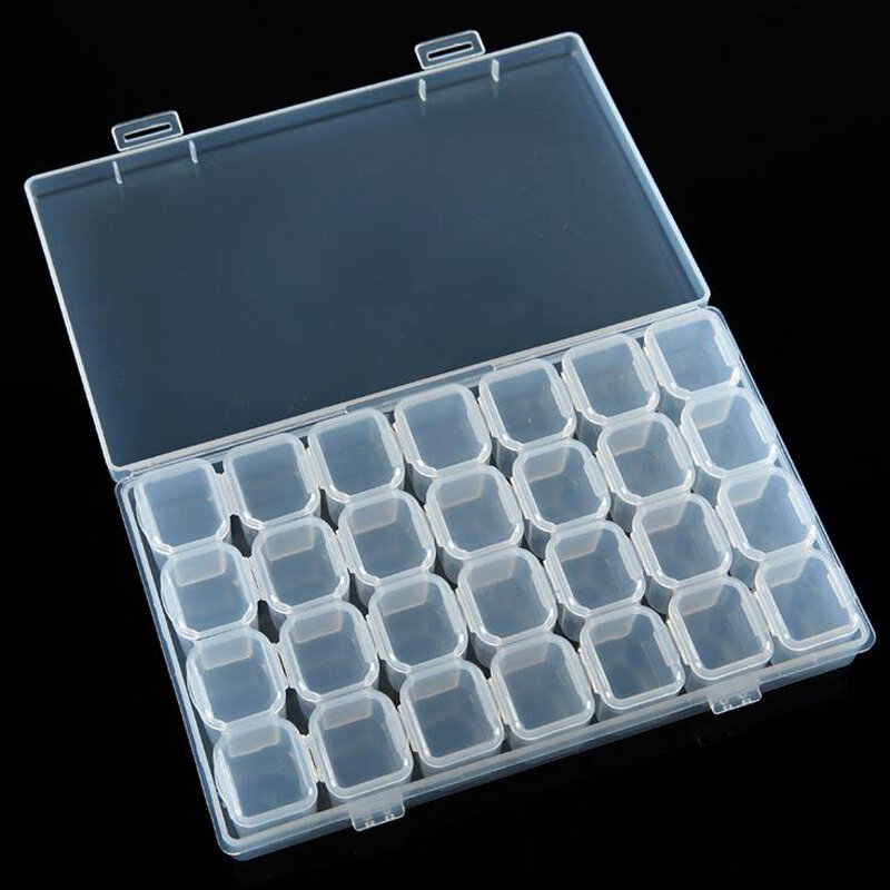 Caja de almacenamiento de accesorios de bordado de diamantes desmontable, 28 ranuras, transparente, punto de cruz