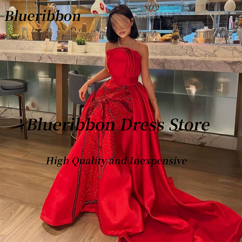 Blueribbon-Vestido de noite vermelho cetim feminino, vestidos de baile, frisado artesanal, longo, elegante, festa de aniversário, moda feminina, vestido sem alças
