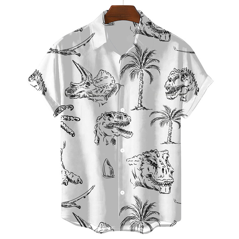 남녀공용 귀여운 공룡 3D 프린트 셔츠, 하와이안 셔츠, 옷깃 셔츠, 쿠바 카미사, 동물 의류