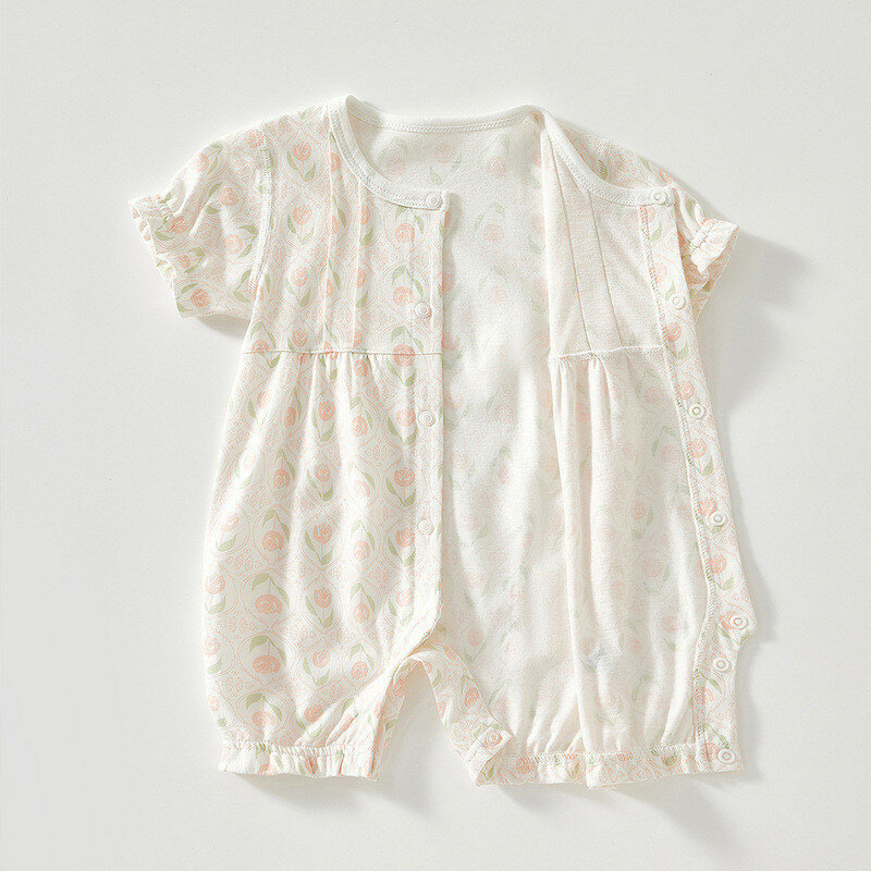 Macacão de verão para bebê, manga curta, fino, com faixa de cabelo, pijama, roupa recém-nascida