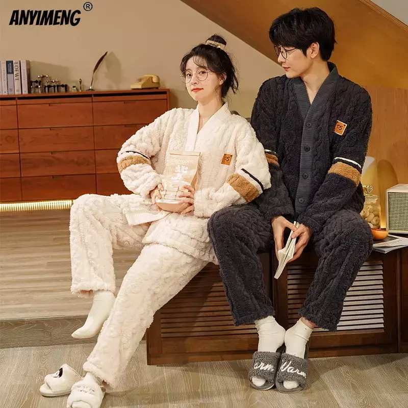 Conjunto de Pijamas térmicos de terciopelo para hombre y mujer, ropa de dormir gruesa, estilo Kimono Kawaii, cárdigan, Invierno