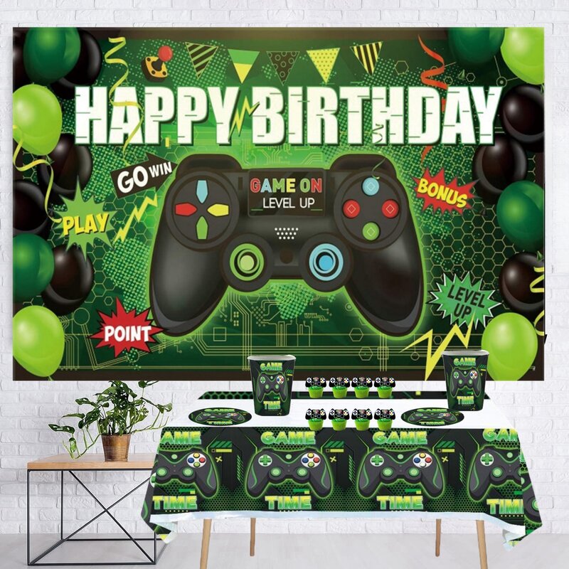 Placa verde do jogo de vídeo para a decoração do partido do aniversário, saco do presente, toalha de mesa, gamepad, balão, Dackdrop, controlador do jogo, fontes do partido, menino