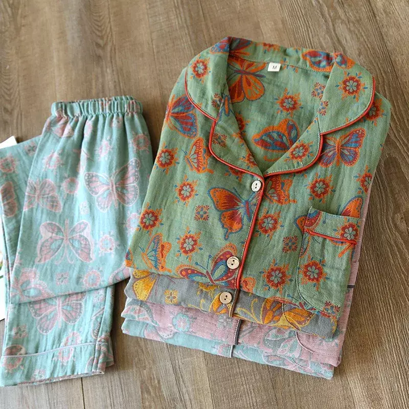 Vintage Butterfly Printed Cotton 2PCS Print Pajamas Suit Womens 2023 Spring Autumn Nightwear Turn Down Collar Sleepwear Set