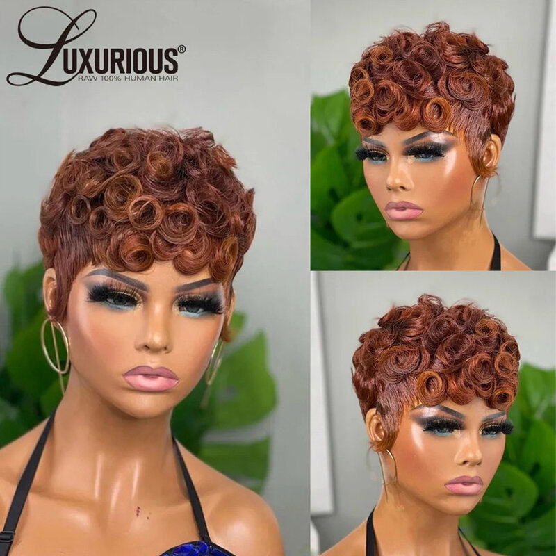 Curly Short Pixie Cut peruca de cabelo humano para mulheres negras, gengibre, Borgonha, máquina completa feita perucas, desgaste e ir, cabelo humano virgem brasileiro