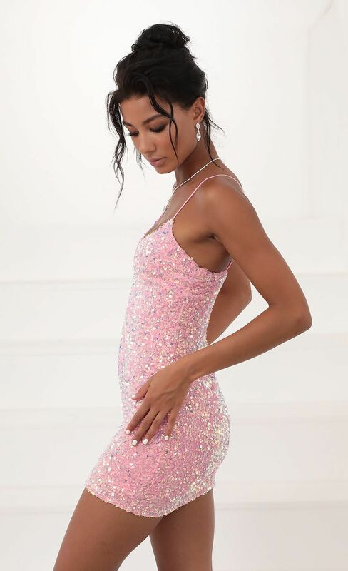 Pink Sexy Sequins Bodycon Short Party Dress For Women Spaghetti Strap Sparkly Nightclub Gowns Fashion Backless Lady Prom Dresses