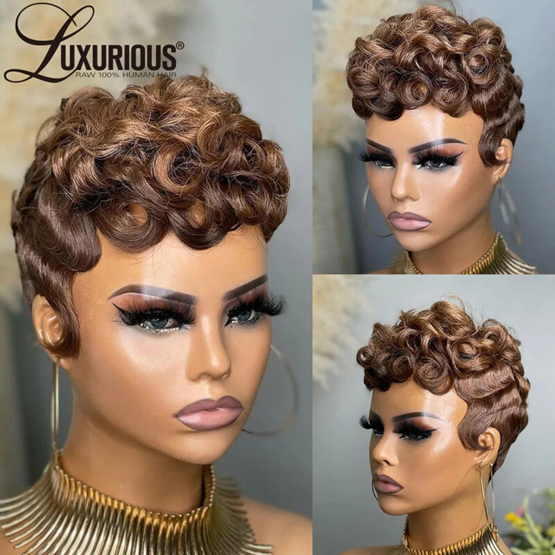 Short Curly Pixie Cut Full Machine Made Wig Wear And Go Burgundy Ginger Wig For Black Women Brazilian Virgin Remy Human Hair Wig