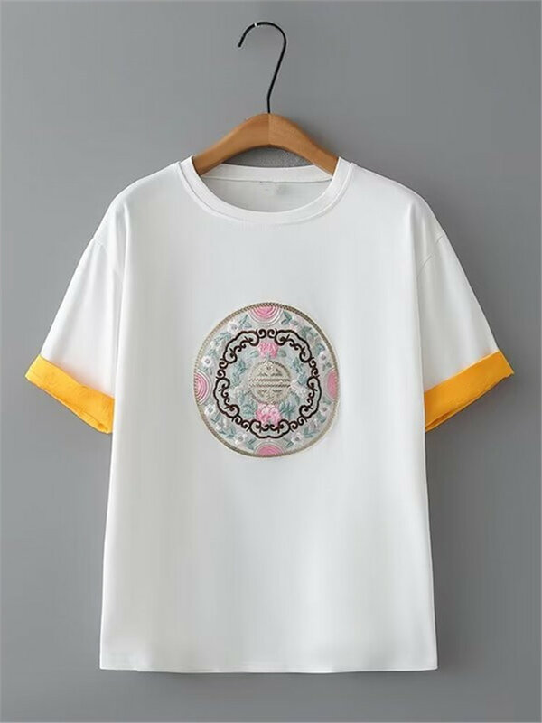 Camiseta de manga corta con cuello redondo para mujer, Top de moda con parches bordados de estilo chino en el pecho, talla grande, Verano