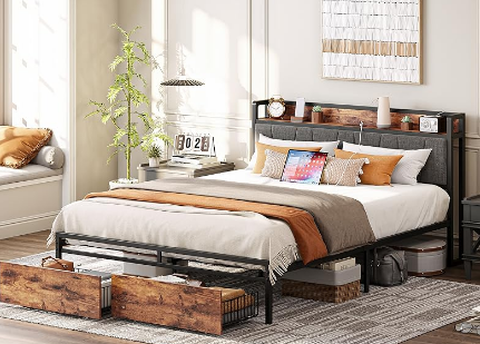 Bed Frame Storage Headboard with Charging Station Platform Bed with Drawers NoBox Spring Needed Easy Assembly,Vintage Brown&Gray