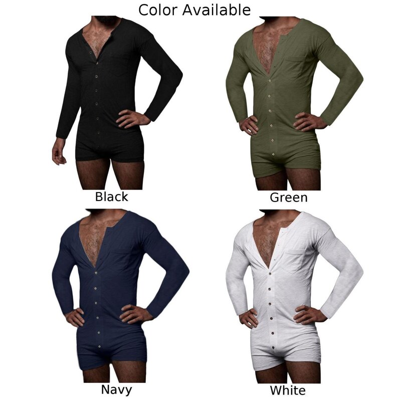 Macacão casual de manga comprida masculino, calça curta, macacão masculino de botão, macacão adulto, roupa de uso caseiro, pijama, novo