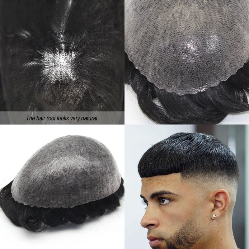 Kuin-Peluca de piel sintética para hombre, tupé de inyección de 0,12mm, prótesis de cabello humano Remy, prótesis capilar
