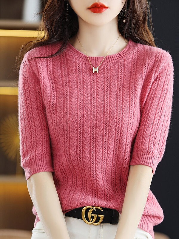 Kaus wol tipis wanita musim semi musim panas Sweater Pullover leher-o berongga setengah lengan pakaian kantor pakaian rajut wol Merino 100%