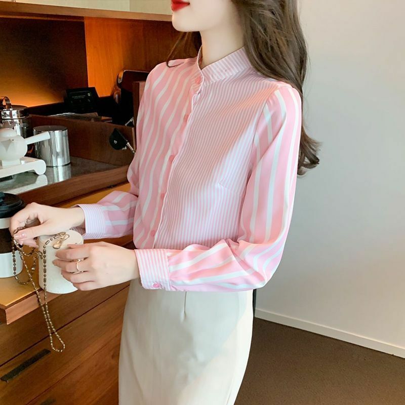 Dames Koreaanse Mode Gestreepte Print Overhemd Elegant Sweet Opstaande Kraag Blouse Casual Tops Met Lange Mouwen 2024 Lente Blusas