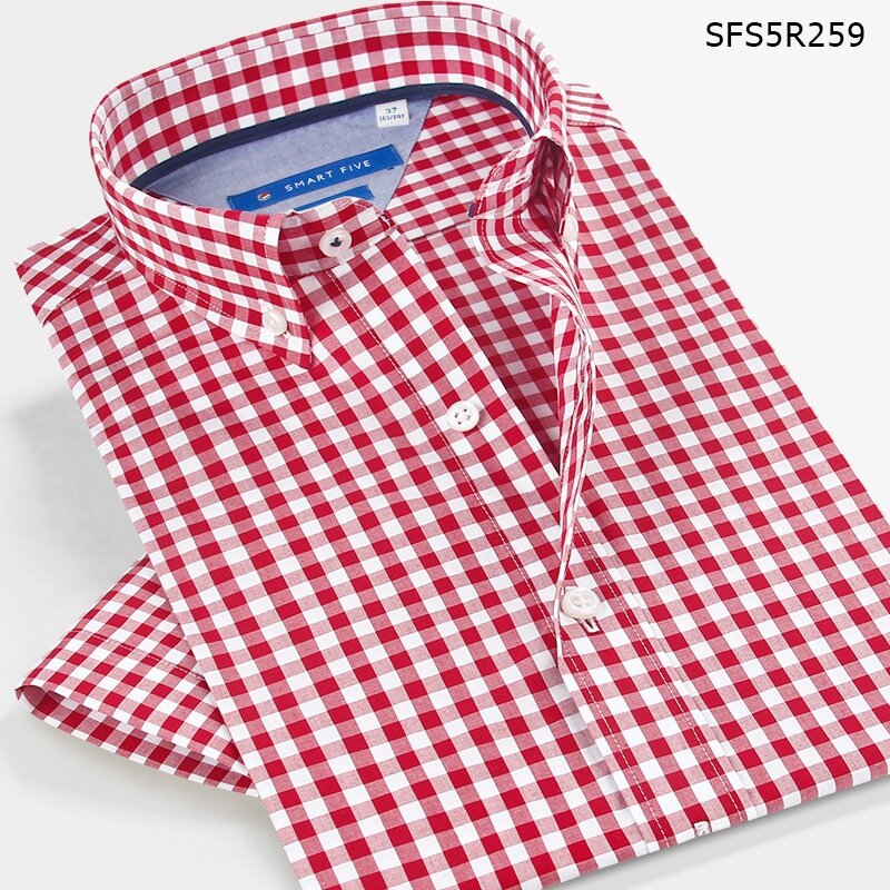 Camisa casual de manga curta masculina, slim fit, 100% algodão, vermelho, azul, xadrez, botão, de negócios, verão