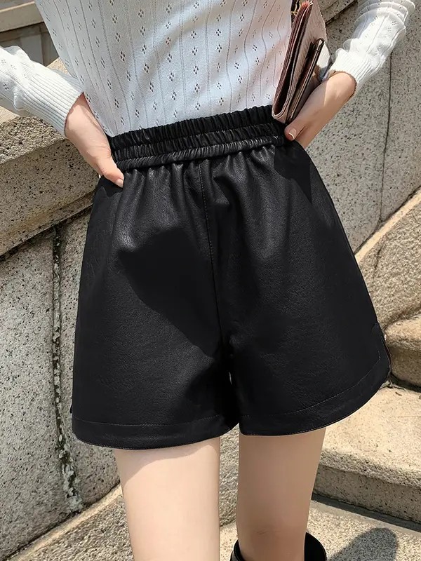 2024 New Fashion Women Autumn Winter High Quality Pu Leather High Waist Slim Wide Leg Short Femmel Casual Khaki Shorts