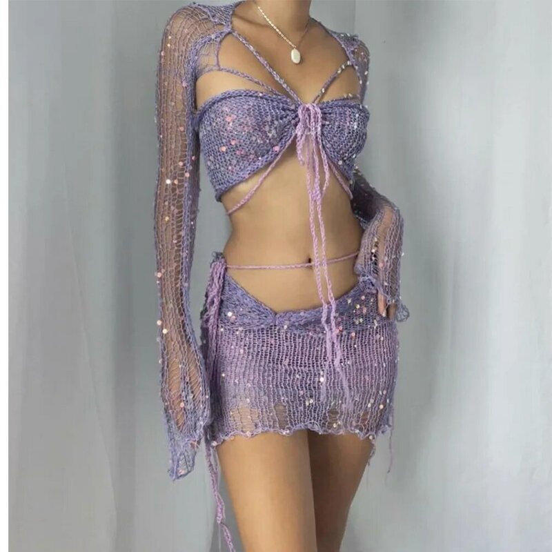 Crochet Vestido De Malha Conjuntos De Saia De Duas Peças 2023 Verão Mulheres Roupas Sexy Colheita Tops Elegante Knit Sequin Dress 2 Piece Set Outfit