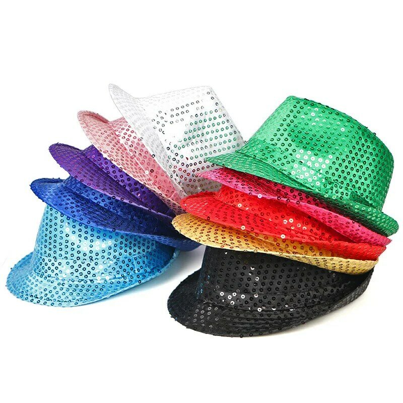 Chapéu alto de lantejoulas feminino, bolas festas performances chapéus, chapéu de jazz, bonito e bonito, várias cores