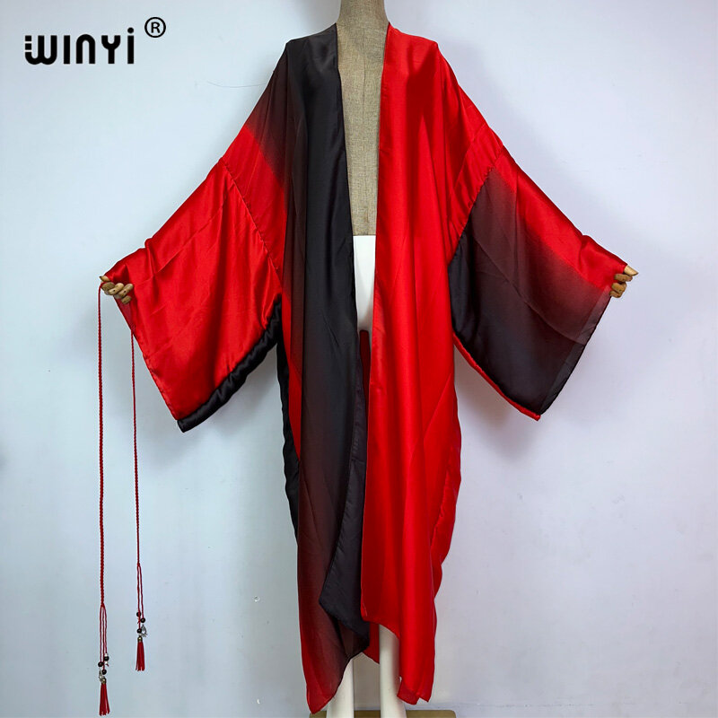WINYI-vestido bohemio con estampado Gradual para mujer, cárdigans africanos, ropa de abrigo para mujer, caftán, kimono Sexy de sensación de seda, 2023