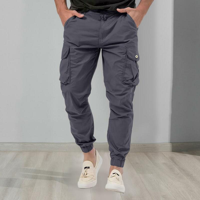 Calça cargosa masculina de múltiplos bolsos, tecido macio e respirável, design de bandas de tornozelo, confortável durante todo o dia, sólido