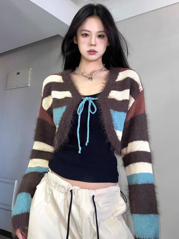 Deeptown Y2K Vintage Striped Cropped Cardigan Women Harajuku Kpop Contrast Knitted Sweater Korean Oversized Tops 90s Streetwear