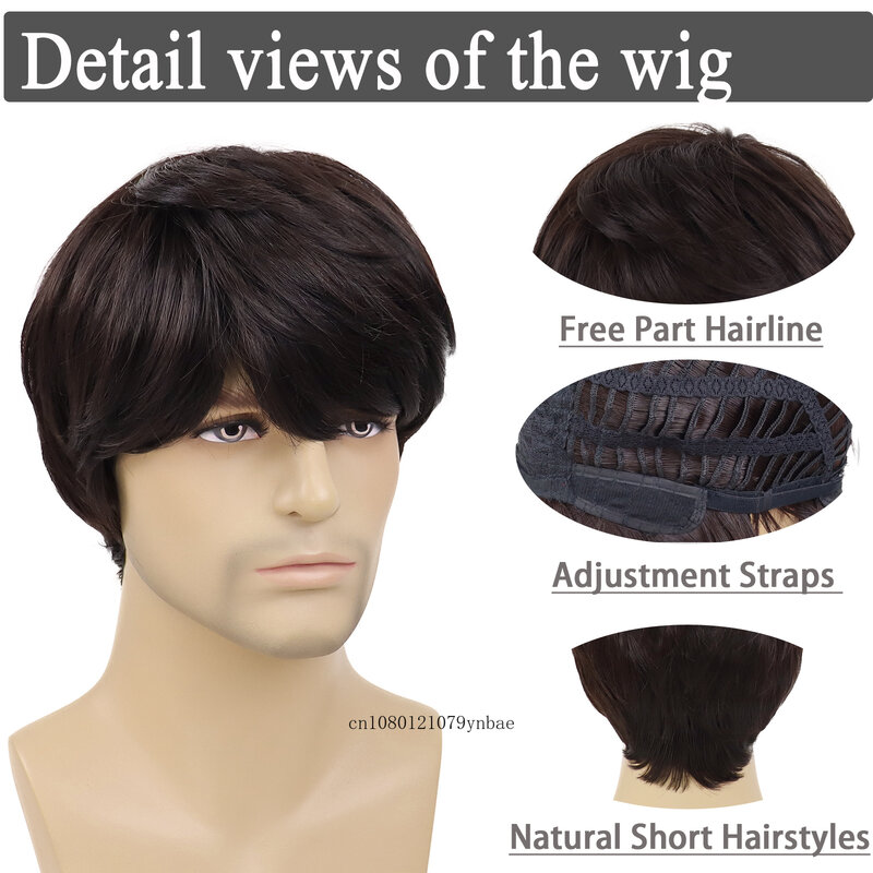 Wig rambut sintetis coklat modis, wig lurus pendek dengan poni tahan panas untuk pria, kostum pesta harian Cosplay Halloween