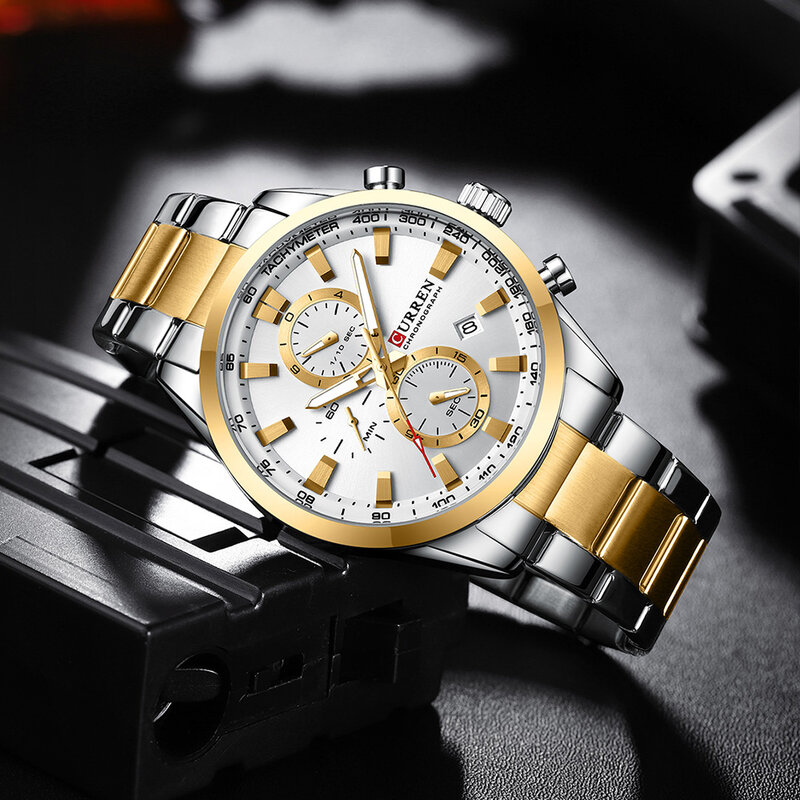 CURREN jam tangan konograf pria, arloji olahraga Quartz tanggal multifungsi untuk lelaki Stainless Steel tahan air