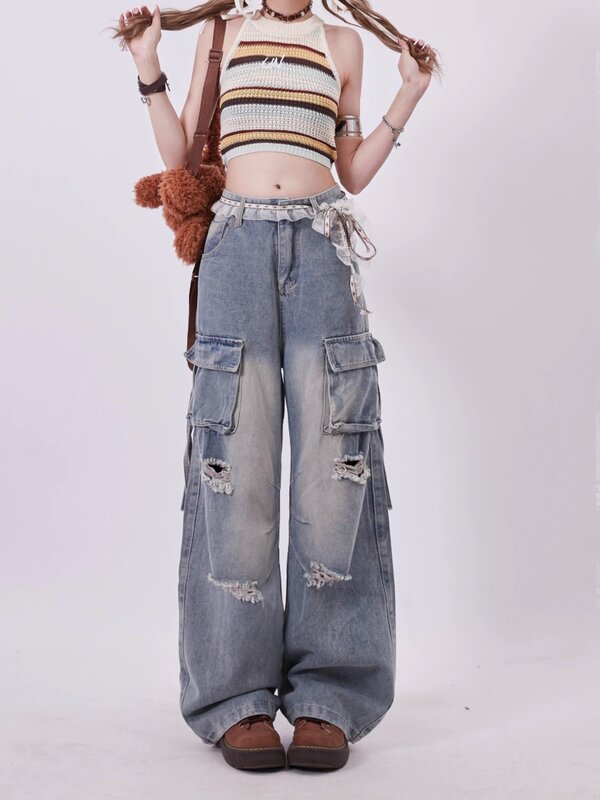 Women Y2k Ripped Cargo Jeans Harajuku Baggy Denim Trousers Vintage Jean Pants Japanese 2000s Style Trashy Oversize Clothes 2024