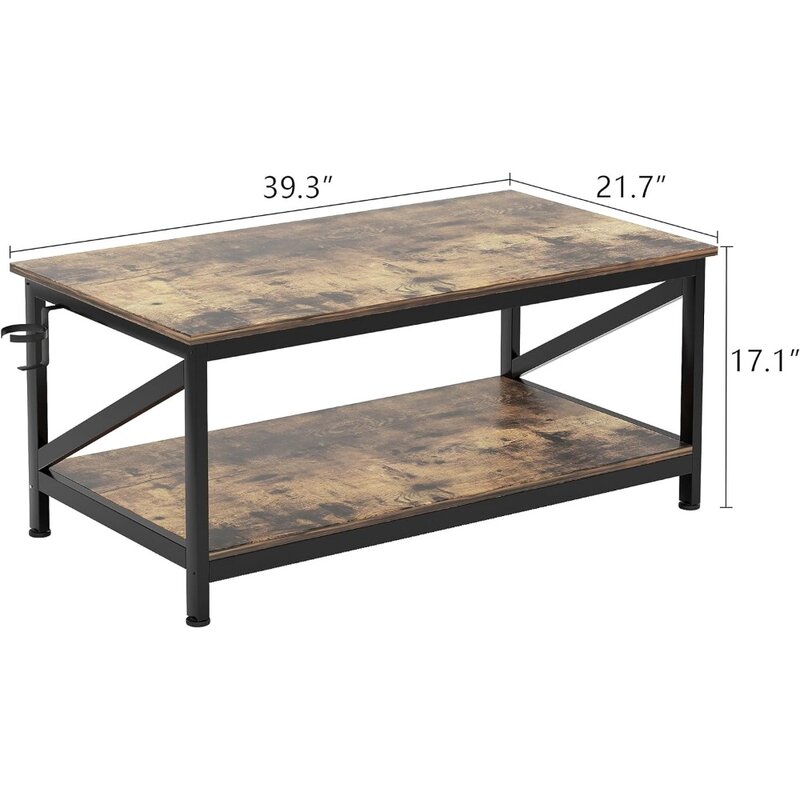 Table basse rectangulaire en bois industriel avec rangement T1, table de salon, tables de salon, café moderne, fermier, 39 po