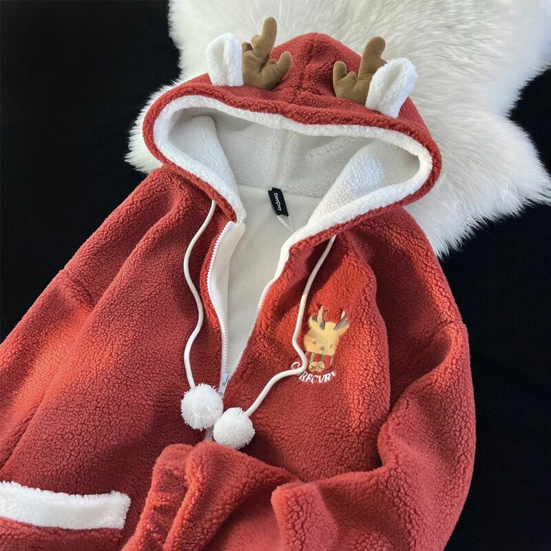 Wol Domba Lucu Natal Rusa Tanduk Desain Hoodies Wanita Bordir Pola Musim Gugur Musim Dingin Jepang Longgar Bulu Ritsleting Katun Mantel