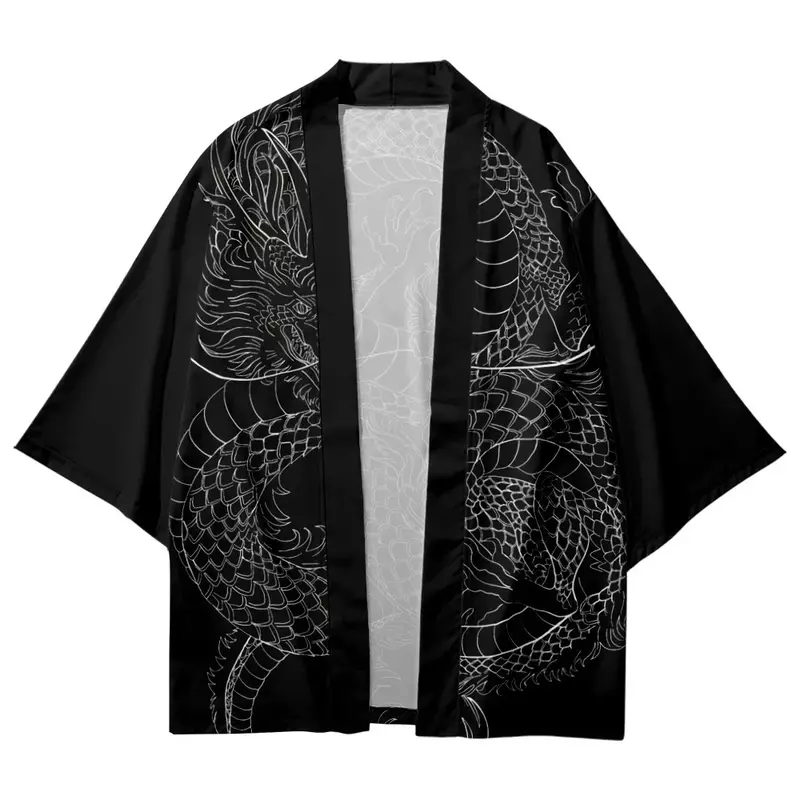 Kimono Tradisional Gambar Naga Gaya Jepang, Atasan Kardigan Cosplay Haori Ukuran Besar untuk Pria
