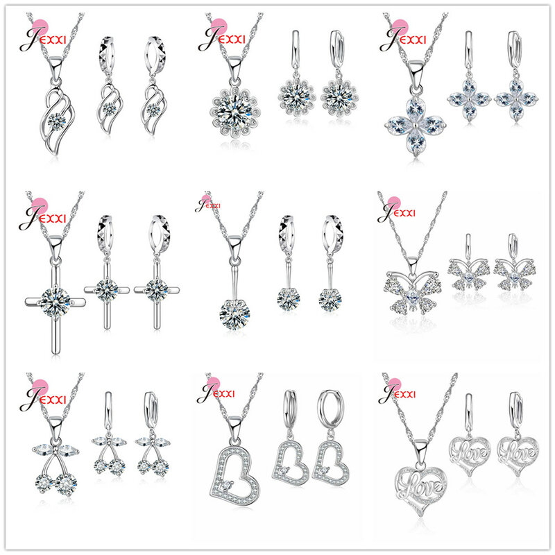 Conjunto de joyería de plata de ley 925 con circonita cúbica, collar con forma de cruz, mariposa, corazón, estrella, Pendientes colgantes