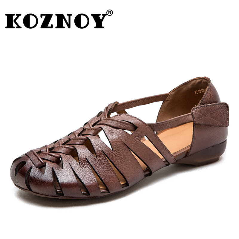 Koznoy 2cm Sandas Weave Genuine Leather Rubber Women Boots Retro Hollow Ankle Hook Flats Breathable Chunky Heels Summer Shoes