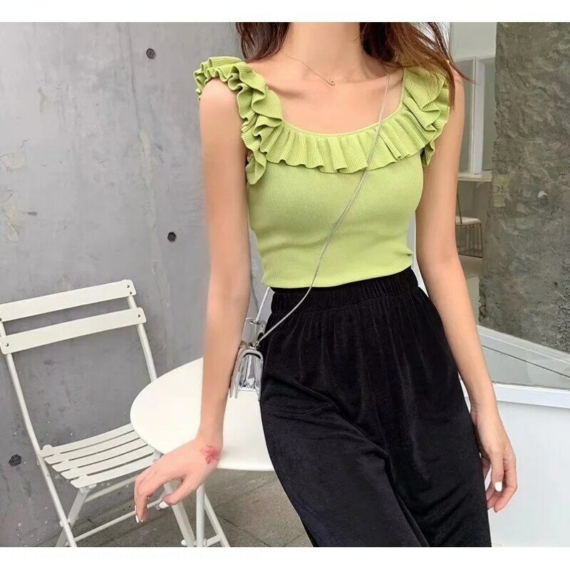 Women's Summer Knitted Ruffles O Neck Sleeveless Tank Top Lady Sweet Solid Color Slim Tank Top