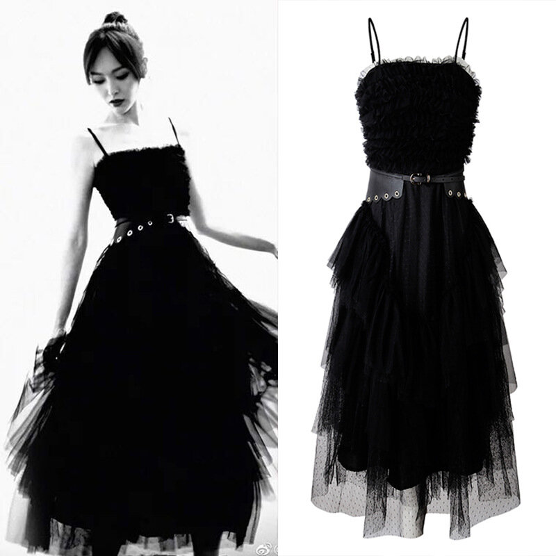Summer French Suspender Dress Tube Top Fluffy Mesh Skirt Dress Little Black Dress Annual Party Women's New Style