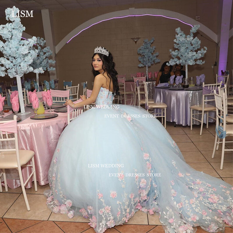 Lips-sky blue Princess Quinceaneraドレス、3Dレースアップリケ、ピンハートコルセットバックチュール誕生日パーティードレス、ゴージャスなドレス、15