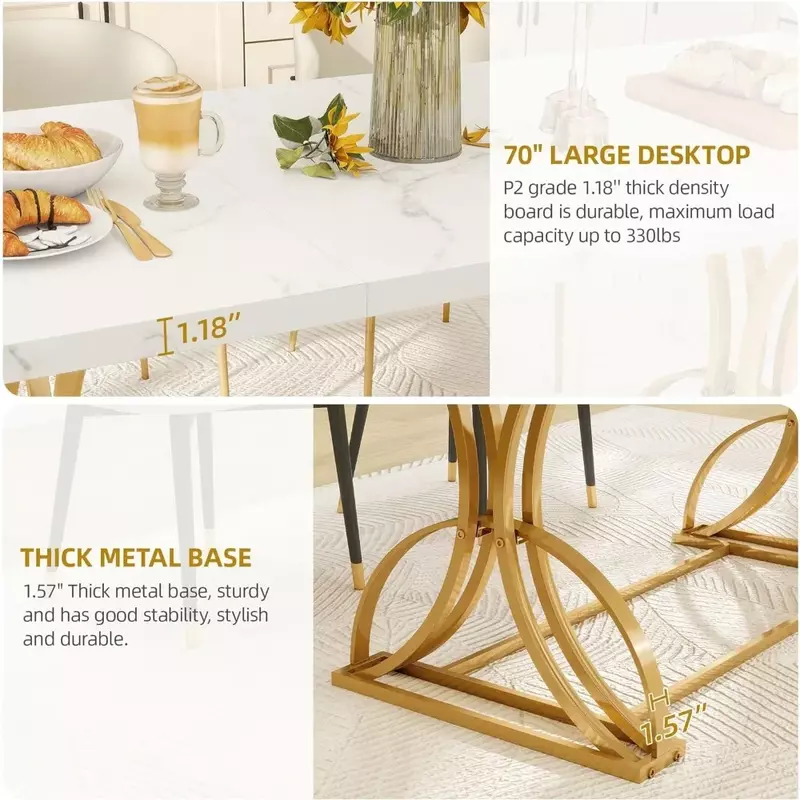 Grande mesa de jantar moderna para 6-8 pessoas, mesa de cozinha retangular, topo de mármore falso, pernas metálicas geométricas douradas, 70,3"