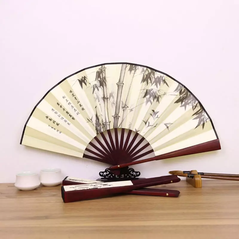 Ventilador de seda dobrável retrô masculino, estilo chinês, punho de bambu de bolso, à mão, favores de festa, artesanato para decoração 1pc