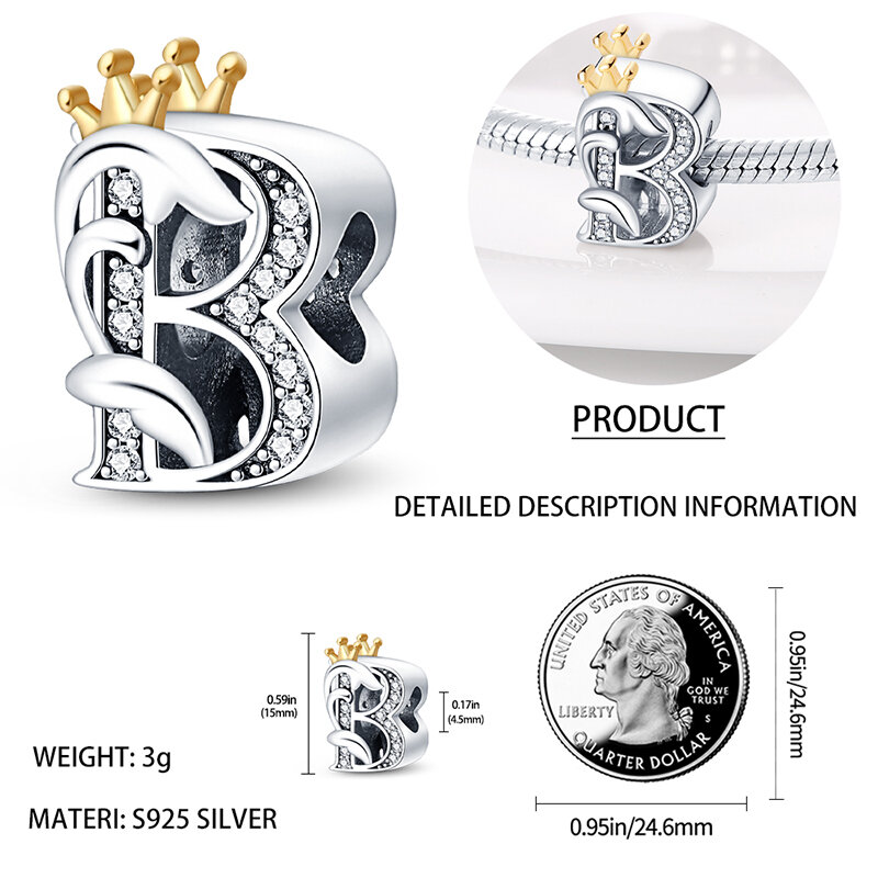 100% 925 Sterling Zilver 26 Letters Crown Bedels Kralen Fit Pandora 925 Originele Armbanden Fijne Anniversary Jewelry Gift
