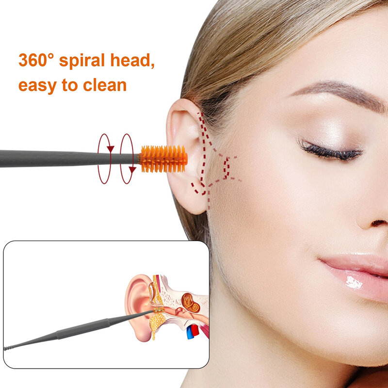 Silicone Ear Wax Remoção Ferramenta, Double Head Earpick, Earwax Cleaner Sticks, Ear Pick, Colher, Espiral Swab, PP, 360 °, Cuidado