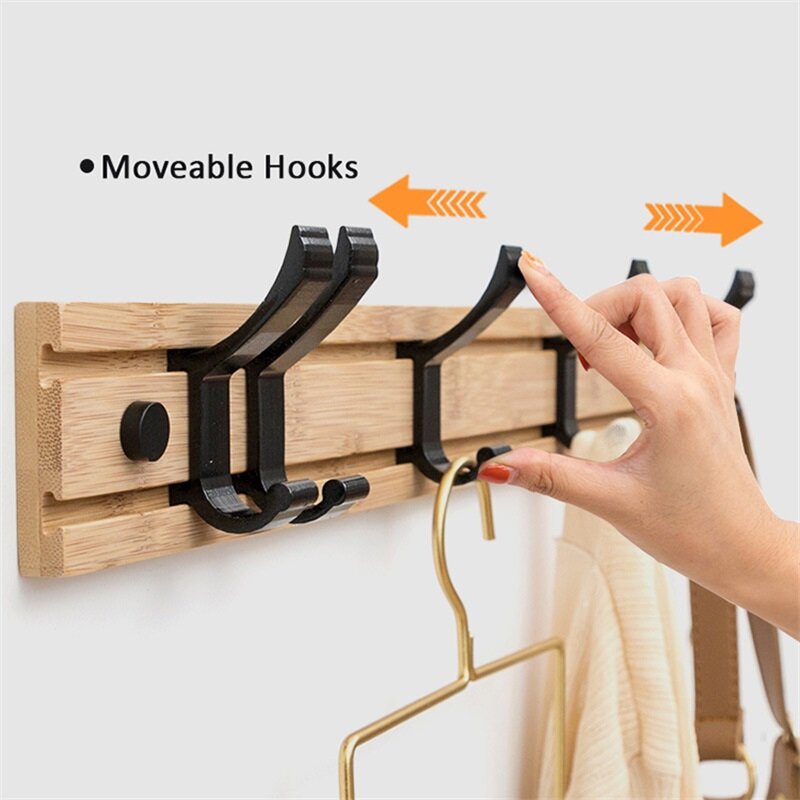 Nordic Fashion Style Bedroom Coat Rack Clothes Hanger Sliding Hooks Living Room Door Back Hook Bamboo Wall Shelf Coat Stand